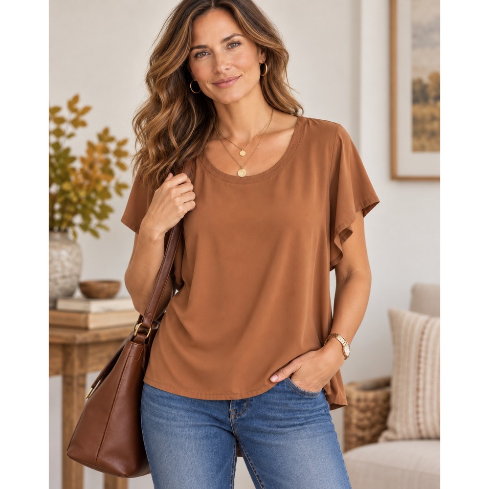 Pure J.Jill Womens 2X Brown Relaxed Viscose Blouse Scoop Neck Short Sleeve Top